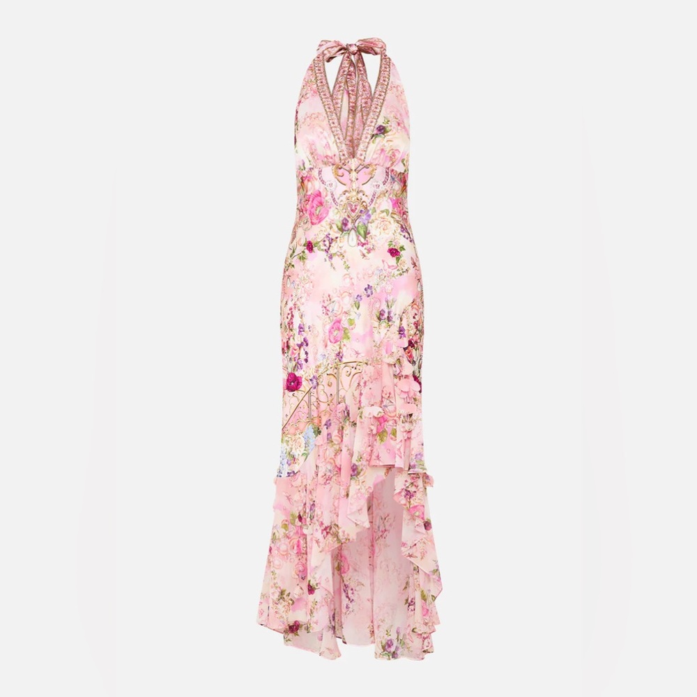 Camilla Bias Silk Halter dress with ruffle hem Floral Pink Maxi size Small